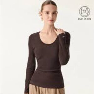 OGL MaxWarm Round Neck Long Sleeve Brami top, built-in bra, dark brown